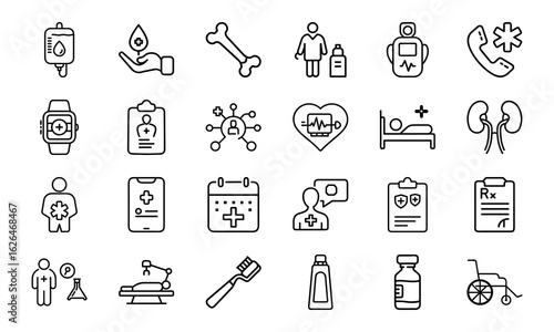 Modern Healthcare and Medical Line Icons – Patient Care, Hospital Equipment, Diagnosis Tools, Toothbrush, Prescription, Injection, and Medical Communication Symbols