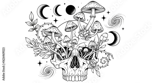 Mystical Skull Adorned with Magical Mushrooms and Celestial Phases