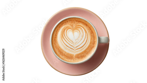 A top-down view of a latte art coffee.  A light gray mug filled with a latte, featuring a heart design in the frothed milk, sits on a light pink saucer