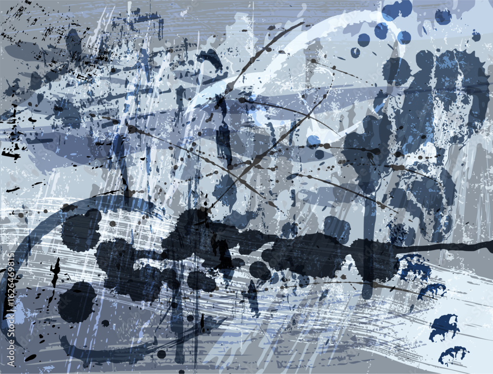 Fotobehang Abstract met Penseelstreken abstract grunge background, illustration with paint strokes and splashes, on blue, grey #1626469815