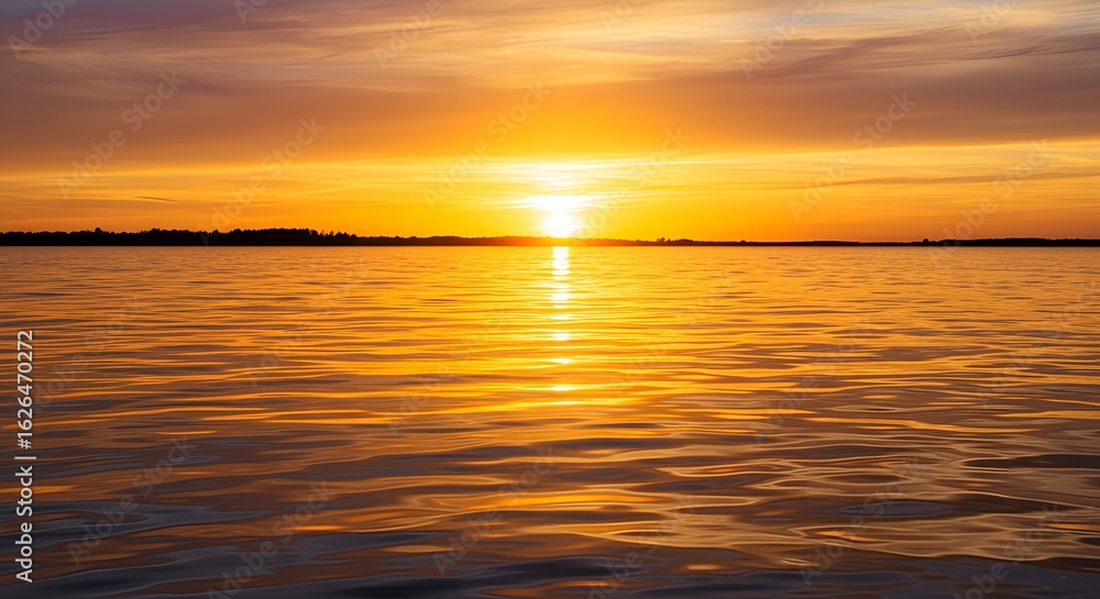 Fototapeta premium Fiery Sunset over Calm Lake, Dramatic Sky and Water Reflections.