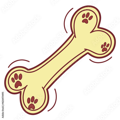 Shaking pale yellow bone adorned with brown paw prints rests on a white background