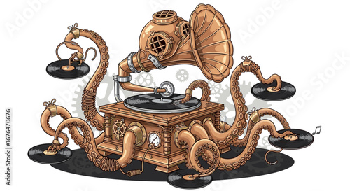 Steampunk Octopus Phonograph Playing Records