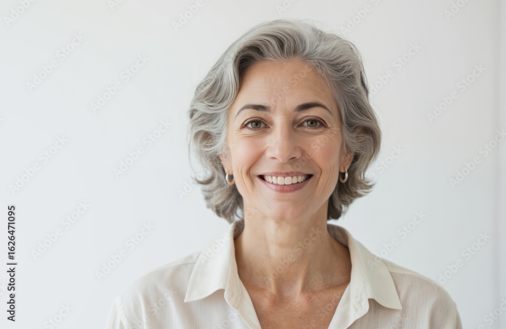 Fototapeta premium Mature woman with gray hair stands out against stark white background. She wears white collared shirt, gold earrings. Her smiling face and direct gaze capture attention.