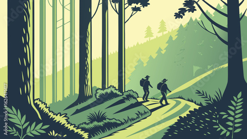 Two hikers walking on a trail through a dense forest with tall trees and lush green vegetation scenery