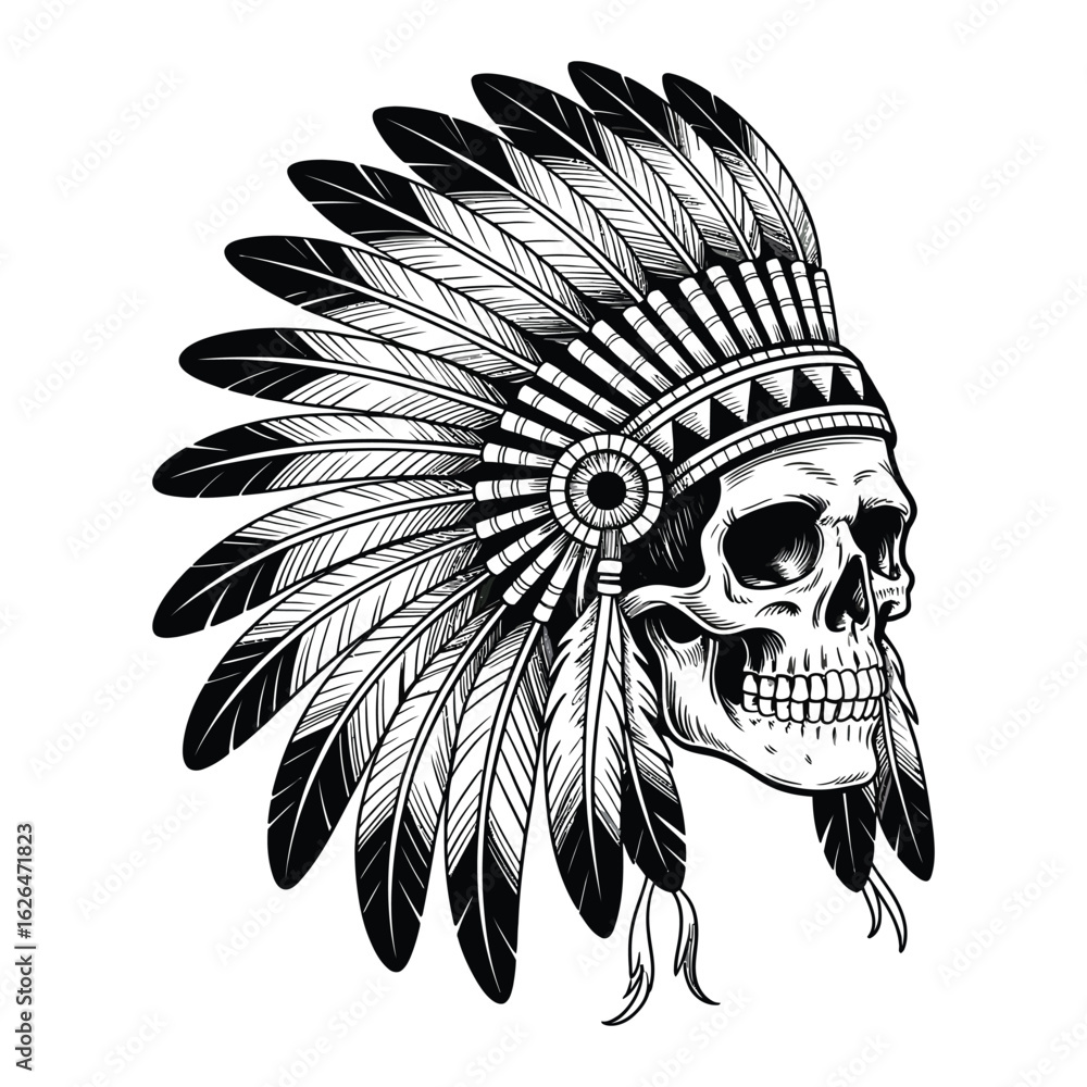 Fototapeta premium Tribal skull wearing a native american headdress with feathers in black and white