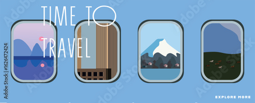 Train and Landscape Vector Illustration. Time to travel, tourism, vacation, ecotourism, landscape