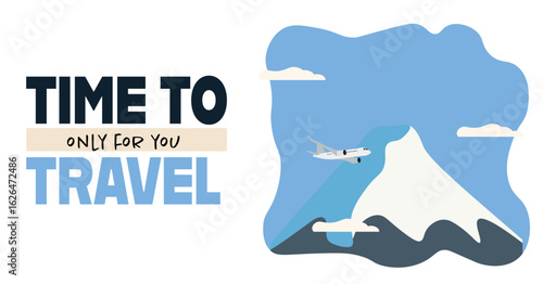 Vector layered sky, fluffy clouds, mountines, plane flying over the clouds. Worldwide travel, air flight, time to travel concept for web banner, website page etc. Hand drawn
