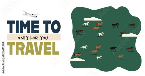 Time to travel vector design. Time to travel text in empty space with landscape, ecotourism, green, animals, horses