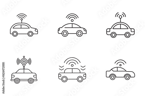 Autonomous vehicle outline icons representing self driving car technology and futuristic transportation innovation with connectivity