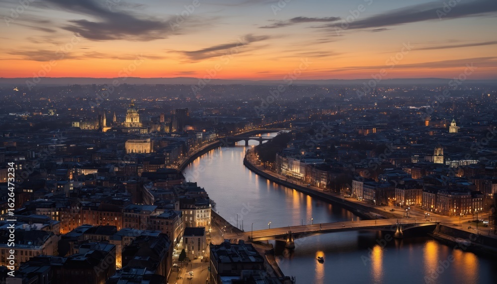 Fototapeta premium Paris cityscape at sunset with Seine River illuminated by numerous lights. Iconic landmarks of Musee dOrsay, Palace of Versailles visible. Orange hues in sky. City bathed in warm glow of setting sun.