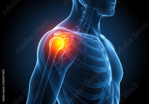 Human shoulder anatomy with highlighted pain and inflammation