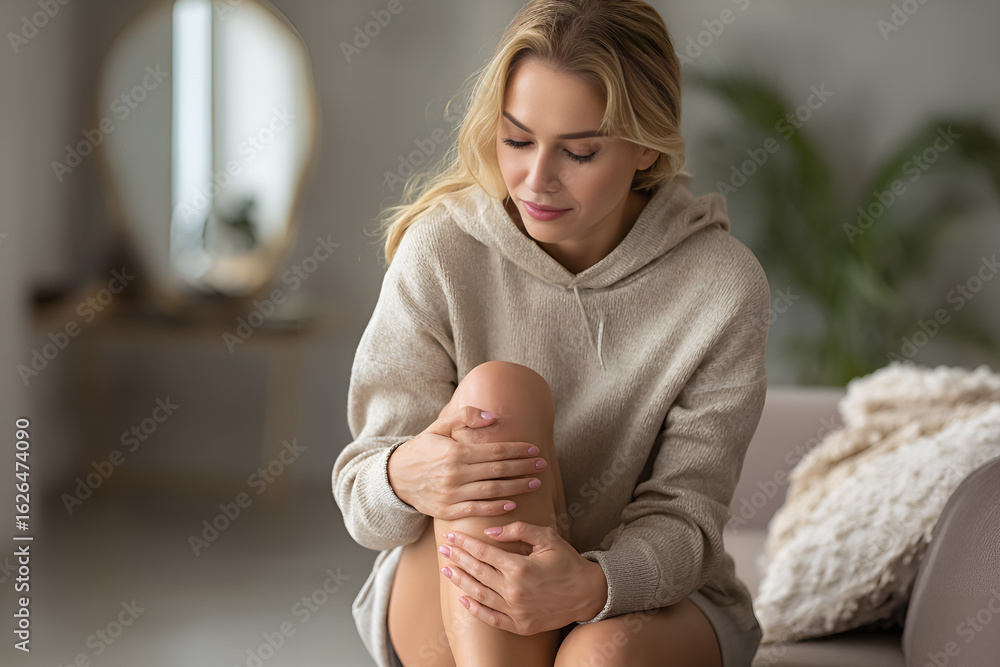 Fototapeta premium A beautiful young woman experiencing joint pain touching her knees