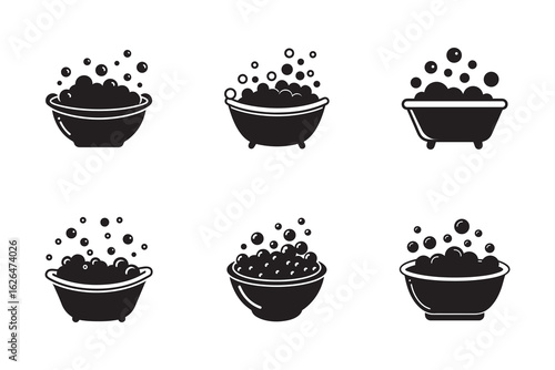 Bathtub Icon Set with Bubbles and Foam in Black Silhouette Isolated on White Background Bathroom Relaxation and Spa