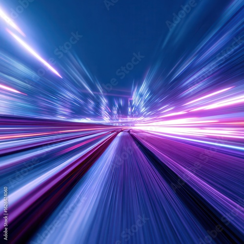 Panoramic high speed technology concept, light abstract background. Image of speed motion on the road. Abstract background in blue and purple neon glow colors.