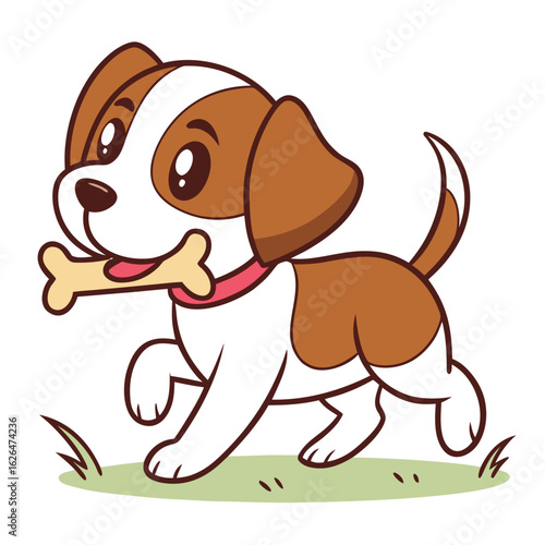 Cartoon brown and white puppy cheerfully trots across the grass with bone