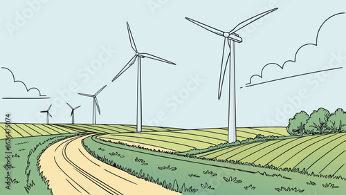 Wind turbines standing in a field with a dirt road leading to them under a cloudy sky landscape view