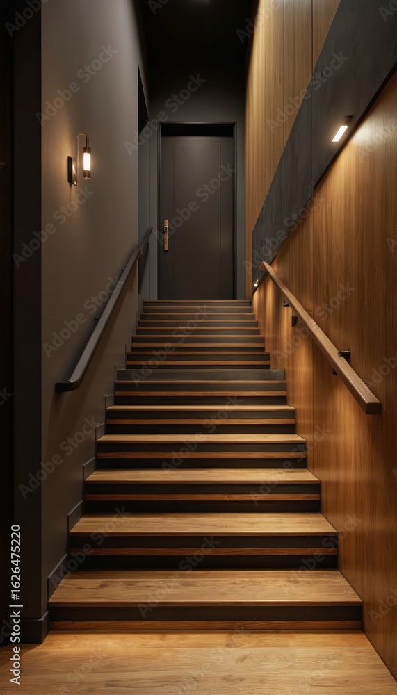 Fototapeta premium Wooden staircase leads to dark door in modern interior design setting. Dark wood floor, walls with rich texture created by different wood types. Stairs feature metal handrail on left side, wooden