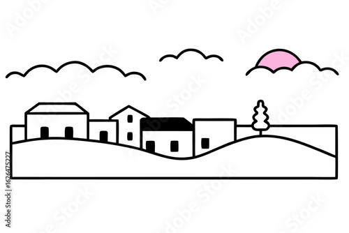 Cartoon vector illustration of houses in a village landscape with trees, sky, and clouds