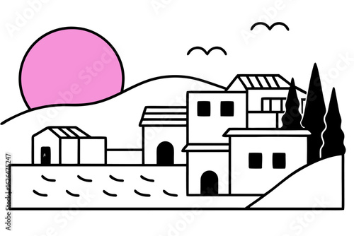 A whimsical vector illustration of a fairy tale castle in a nighttime sky, perfect for a vintage townscape design