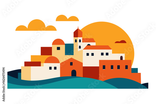 A vibrant cartoon illustration of a castle on a hill overlooking the sea, with a quaint village nestled nearby under a summer sky, perfectly blending nature and urban design