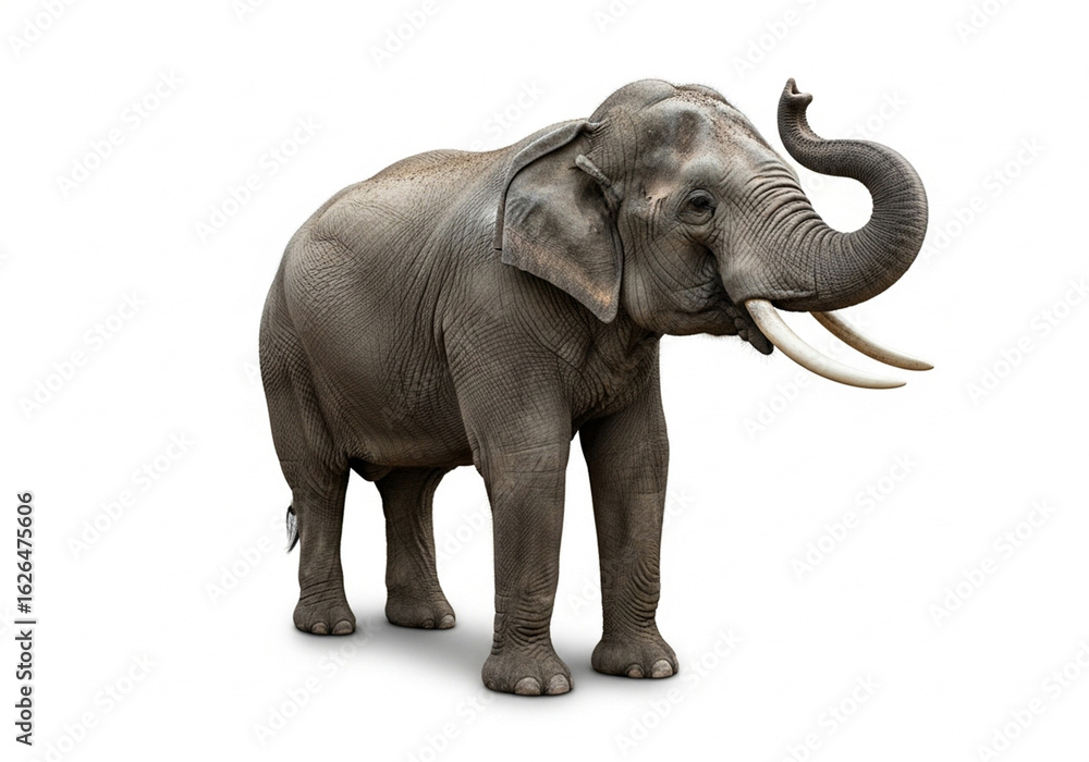 Obraz premium African Elephant with Raised Trunk – Wildlife Animal Isolated on White