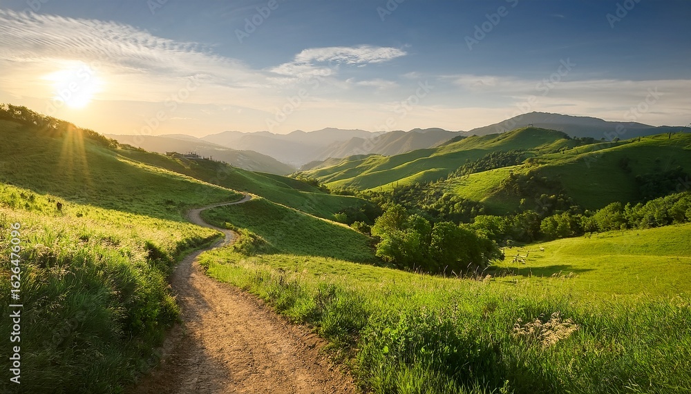 Fototapeta premium a winding dirt pathway meanders through lush verdant hills embodying the spirit of exploration and adventure in a tranquil natural landscape bathed in soft sunlight