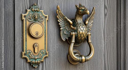 Ornate Brass Door Lock and Griffin Door Knocker on Wooden Door Vintage Hardware