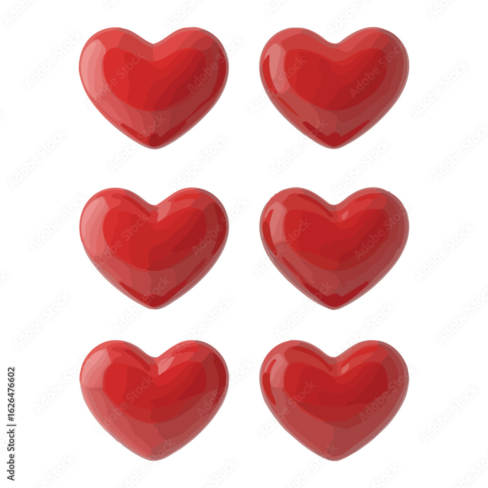 Fototapeta premium Six shiny red hearts arranged in three rows on a white background