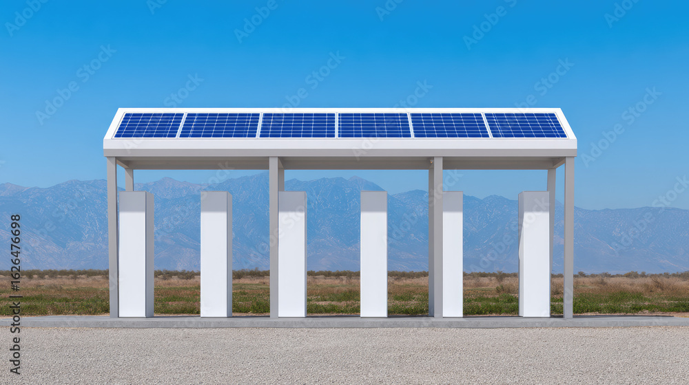 Fototapeta premium A row of white electric charging stations with a solar panel roof. Sustainable energy technology concept