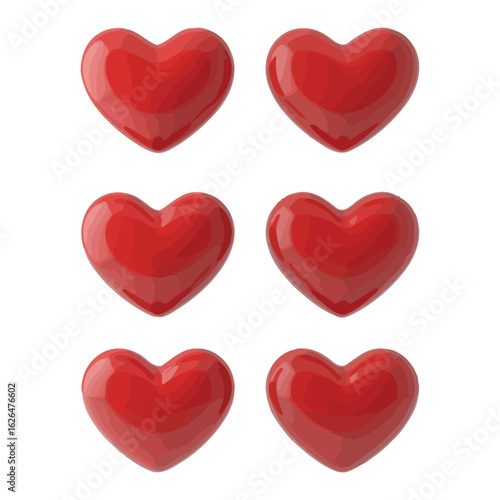 Six shiny red hearts arranged in three rows on a white background