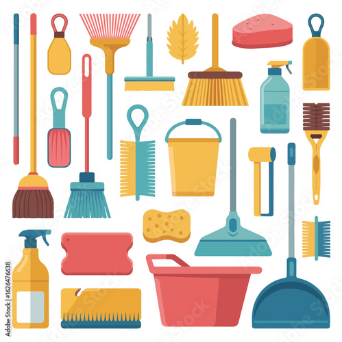 Vector icons of kitchen and housekeeping cleaning tools, including broom, mop, and bucket, isolated on white