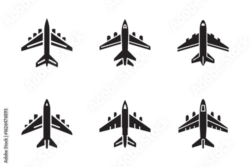 Collection of Airplane Icons for Travel and Transportation Concepts with Commercial Aviation and Passenger Plane Silhouettes on White Background
