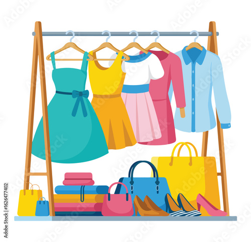 Clothing for sale with clothes hangers and t-shirts hanging on a laundry line