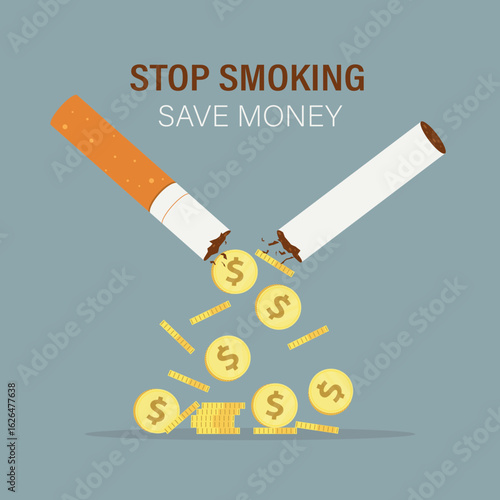 Stop smoking campaign. Smoking is expensive, is costly. Concept of cigarette made of golden coins with dollar sign. Dollar coins fall out of cigarette butt.