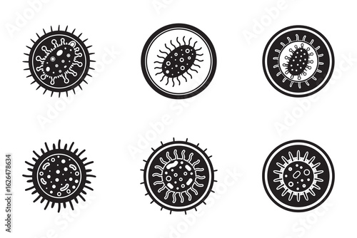 Collection of Black and White Virus Vector Icons Depicting Bacteria and Germs for Scientific or Health Illustrations