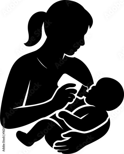 Vector icon of mother feeding baby with bottle in black silhouette style showing parenthood, childcare, infant feeding, motherhood love and nurturing in clean flat design for parenting concepts
