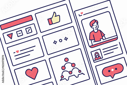 Illustration of social media interface with profile, like, comment, and other icons displayed well