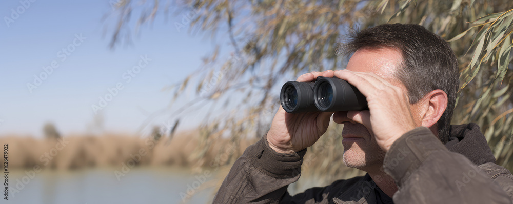 Obraz premium Man uses binoculars near a body of water, surrounded by dry vegetation. Outdoor observation and exploration