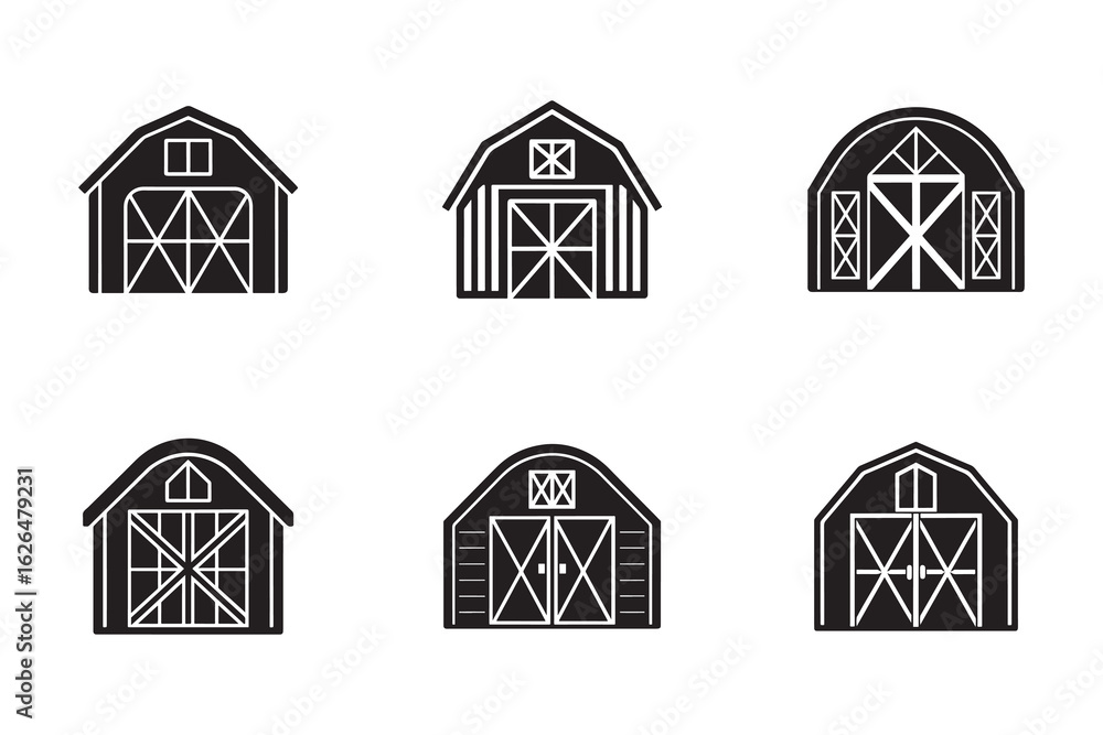 Fototapeta premium Collection of Farm Barn Icon Silhouettes Depicting Agricultural Buildings in Graphic Vector Format