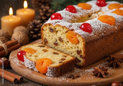 Wallpaper Mural Festive fruitcake with cherries and apricots dusted with powdered sugar Torontodigital.ca