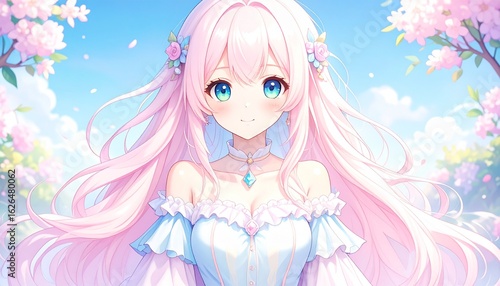 Anime girl with pink hair and blue eyes in a floral setting.