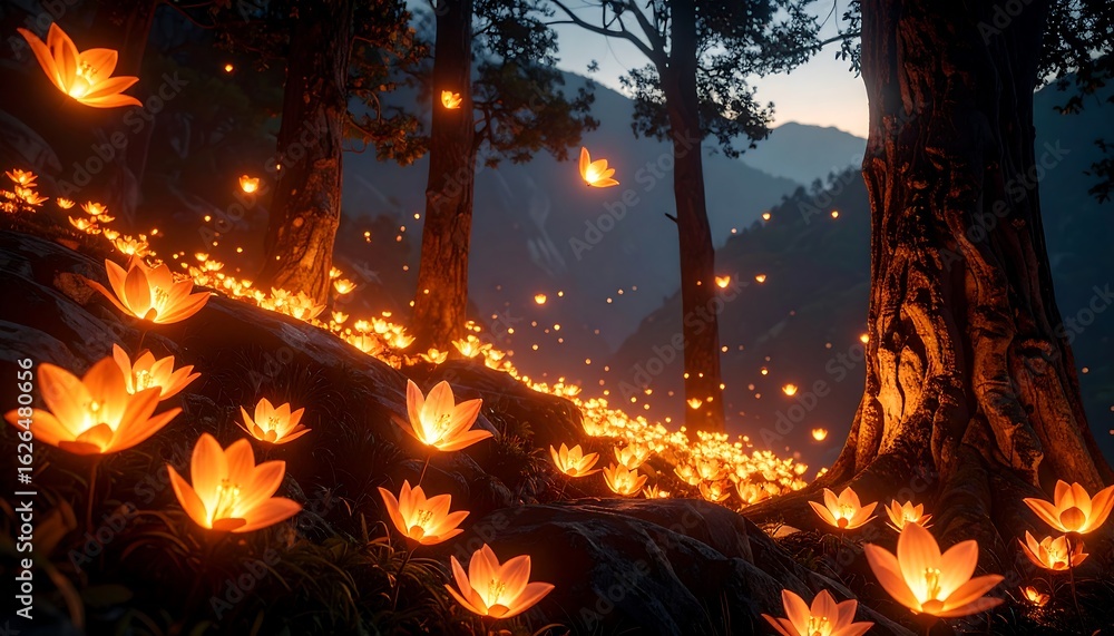 Obraz premium Glowing Flowers in Forest at Night with Mystical Lighting