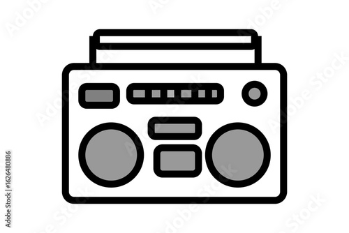 The image is a simple, cartoon-style illustration of a retro boombox or cassette player. The design is minimalist, using thick black outlines to define the shape and its components.
