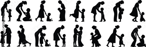 Adult and child silhouettes, caring relationship, emotional bonding, nurturing poses, family love, black vector icons, parenting moments