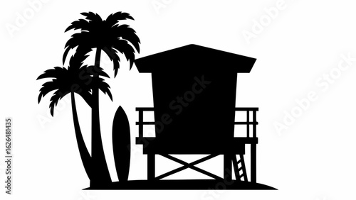 Silhouette of a lifeguard tower with palm trees and a surfboard on a beach against a white background scene