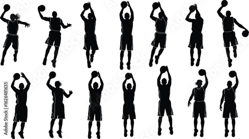 Basketball player silhouettes, dynamic action poses, dribbling, shooting, passing, black vector illustration, sports movement, athletic concept art