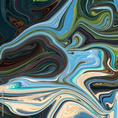 Abstract fluid swirl of oceanic and earthy colors creating a vibrant marbled effect. Ideal for digital backgrounds, wall art, or texture overlays.