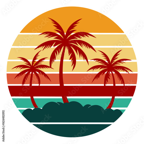 Palmwave Glow Frame – A bold framed sunset vector with ocean waves and palm silhouettes in warm, softened vintage tones.