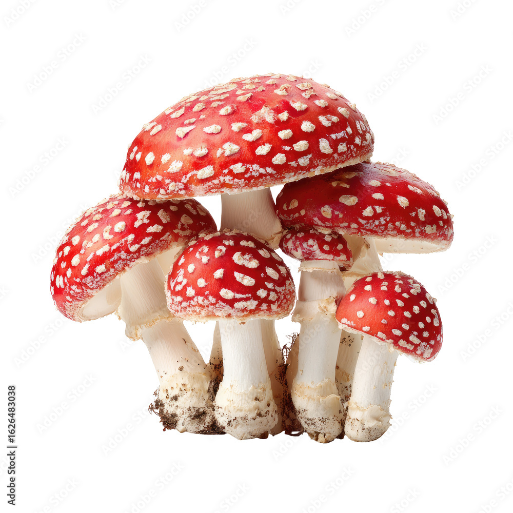 Obraz premium Cluster of vibrant red mushrooms with white stalks